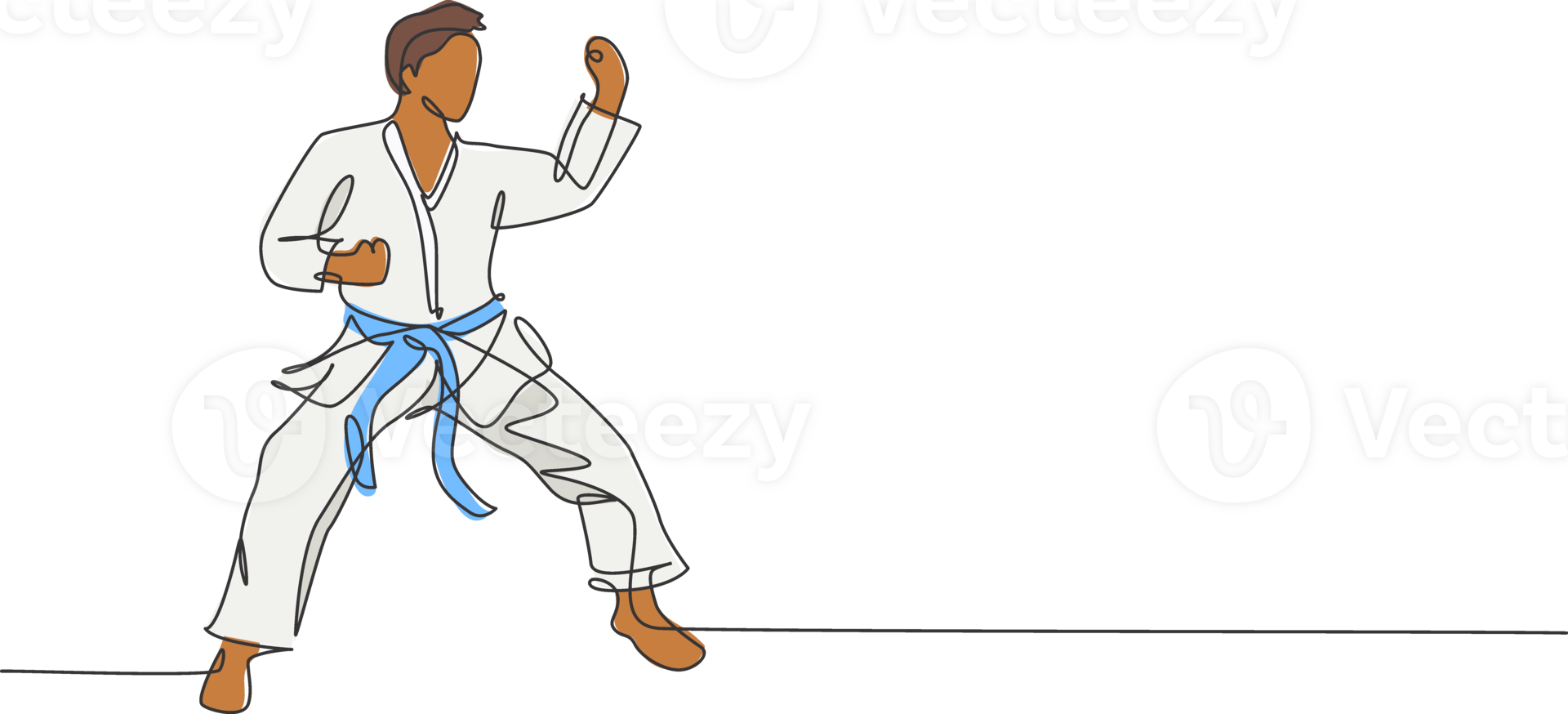 One continuous line drawing of young talented karateka man train pose for duel fighting at dojo gym center. Mastering martial art sport concept. Dynamic single line draw design illustration png