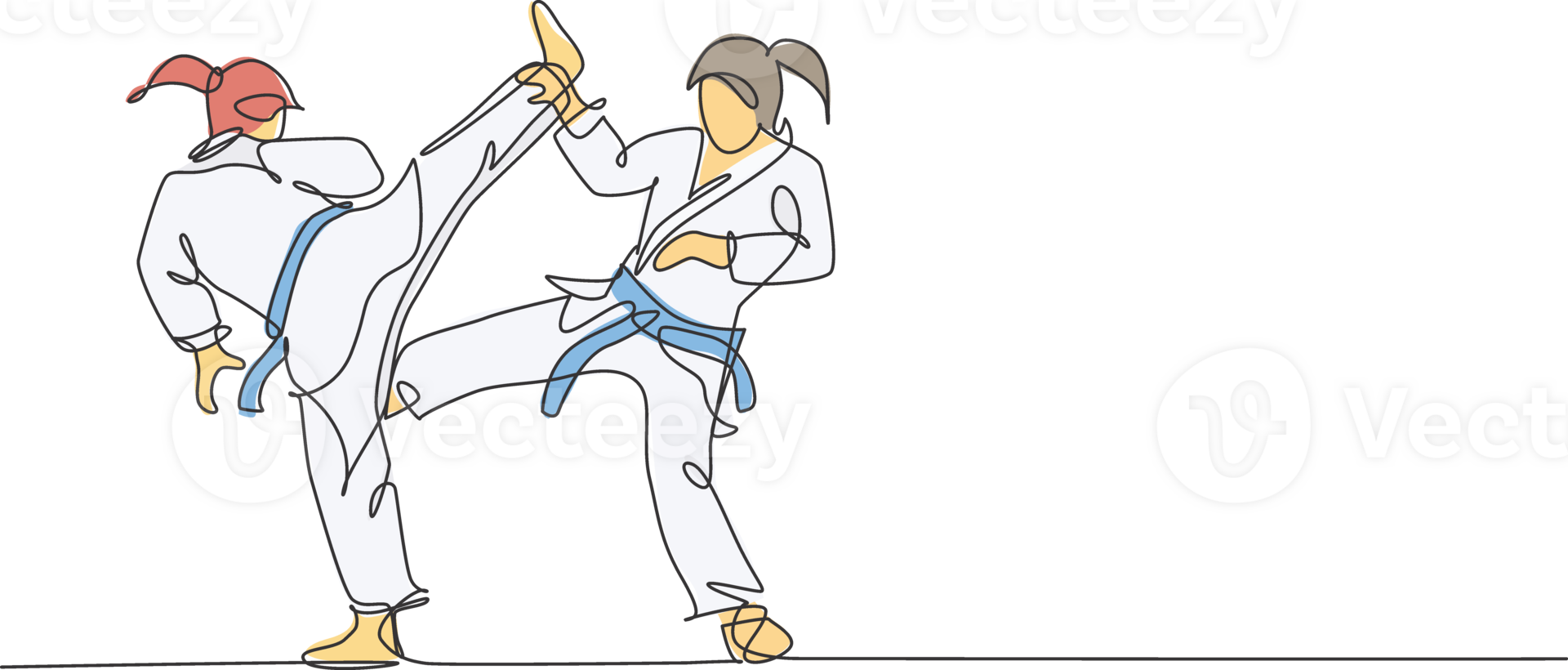 One continuous line drawing of two young talented karateka girls train pose for duel fighting at dojo gym center. Mastery martial art sport concept. Dynamic single line draw design illustration png