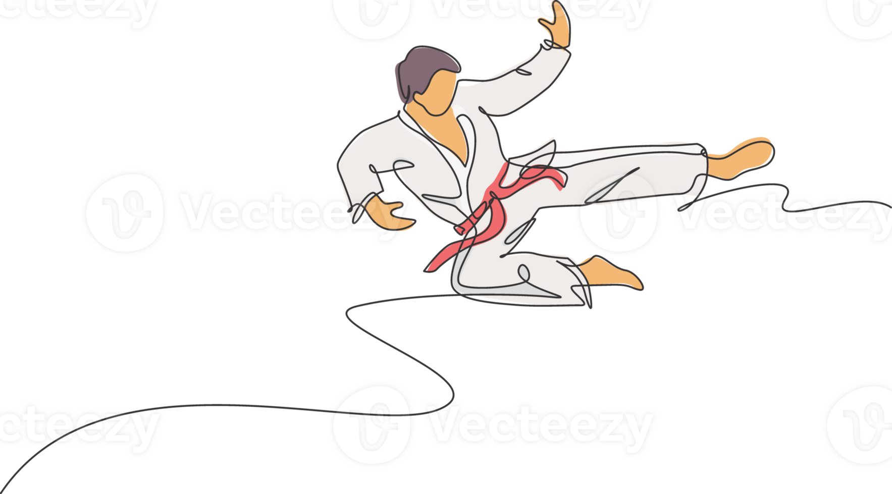 Single continuous line drawing of young confident karateka man in kimono practicing karate combat at dojo. Martial art sport training concept. Trendy one line draw design graphic illustration png