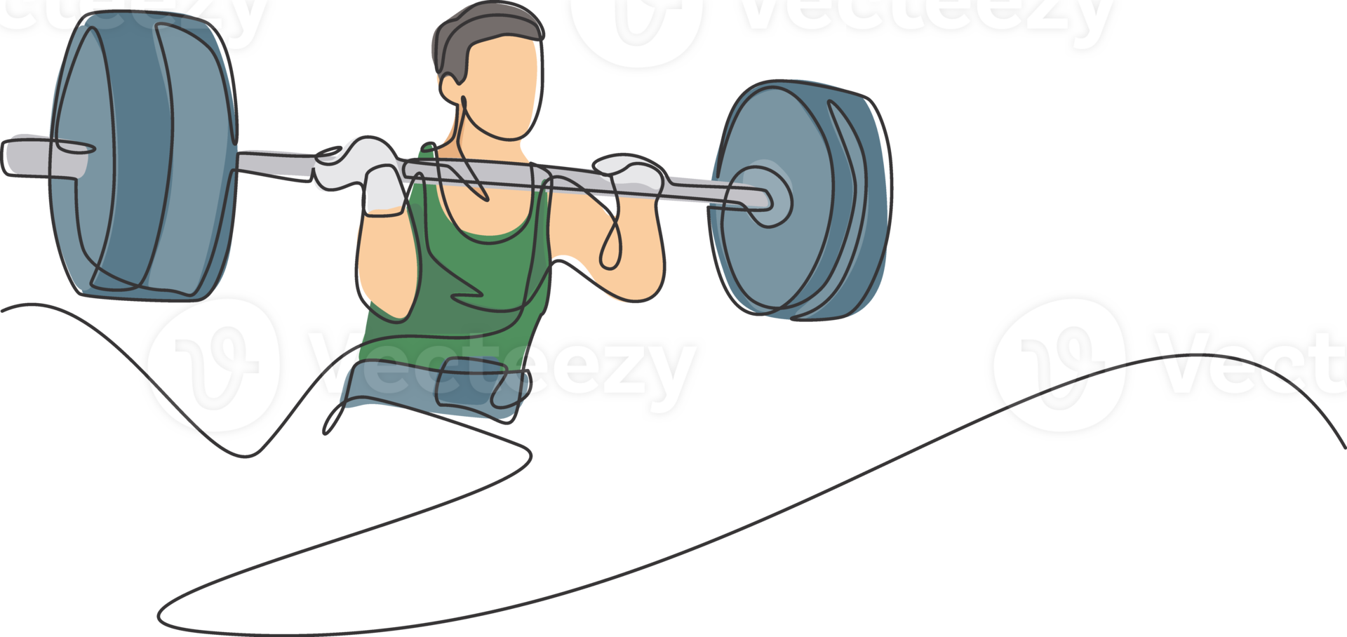 One single line drawing of fit young athlete muscular man lifting barbells working out at a gym illustration. Weightlifter preparing for training concept. Modern continuous line draw design png