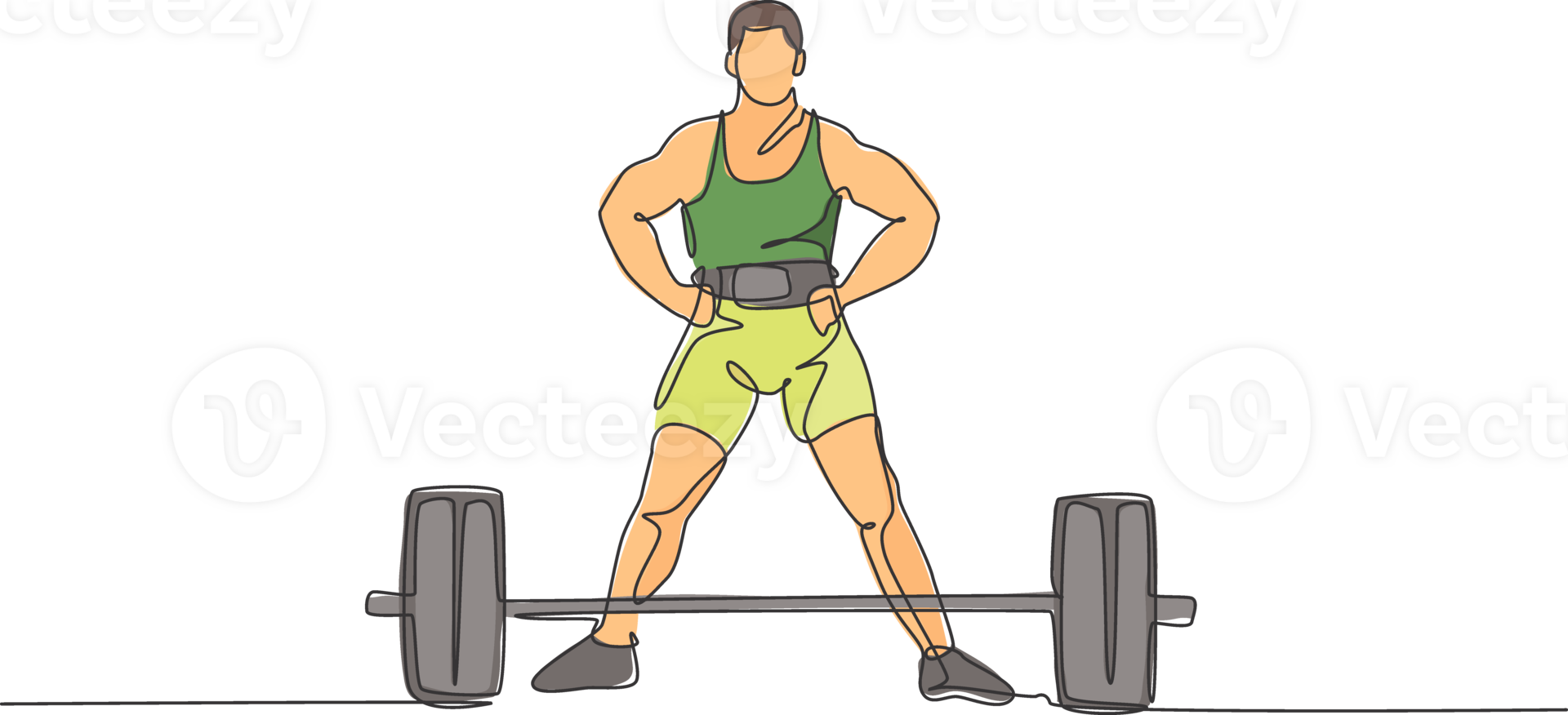 One continuous line drawing of young bodybuilder man doing exercise with a heavy weight bar in gym. Powerlifter train weightlifting concept. Dynamic single line draw design illustration graphic png