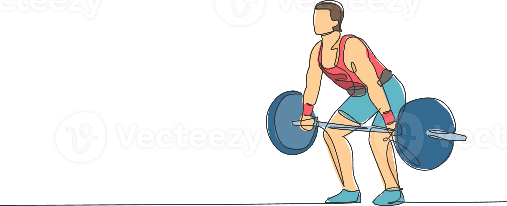 One single line drawing of fit young athlete muscular man lifting barbells working out at a gym illustration. Weightlifter preparing for training concept. Modern continuous line draw design png