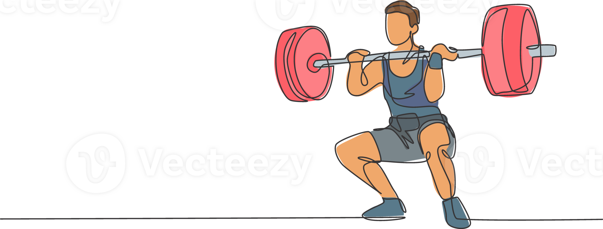 Single continuous line drawing of young strong weightlifter man preparing for barbell workout in gym. Weight lifting training concept. Trendy one line draw graphic design illustration png