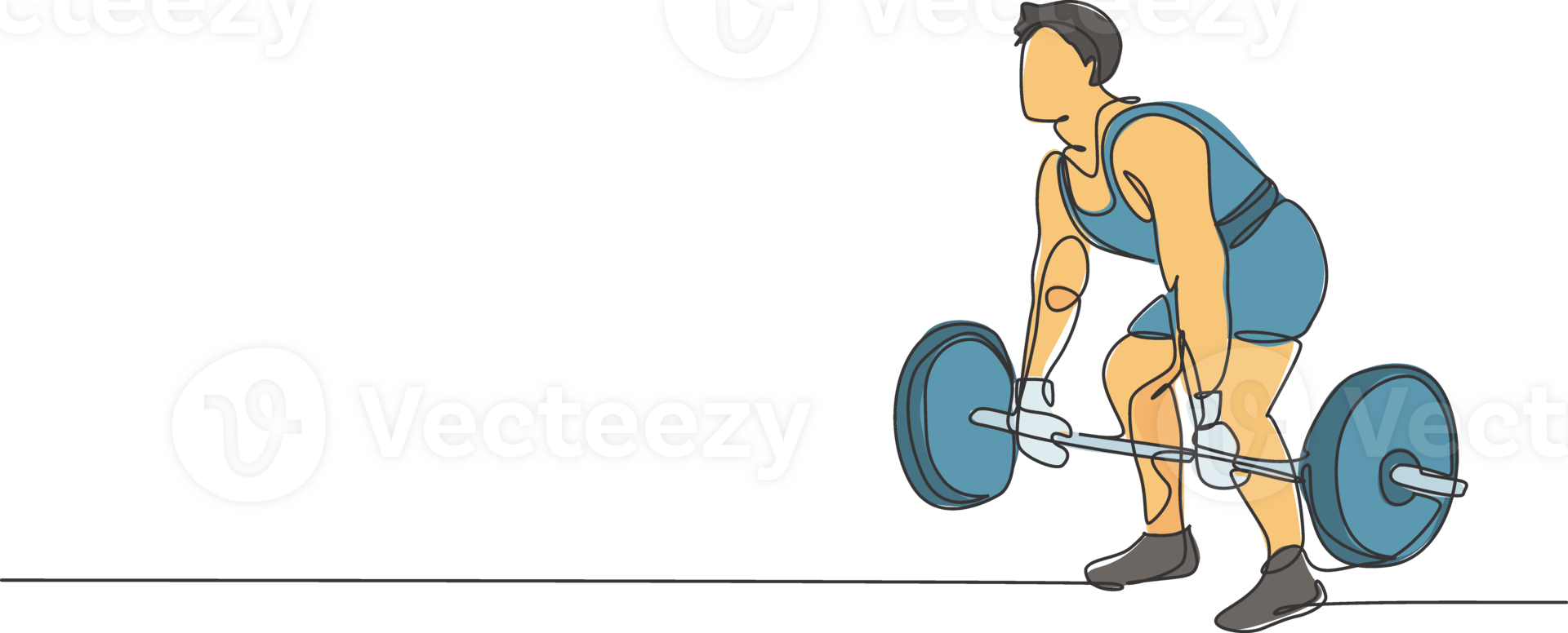 Single continuous line drawing of young strong weightlifter man preparing for barbell workout in gym. Weight lifting training concept. Trendy one line draw design graphic illustration png