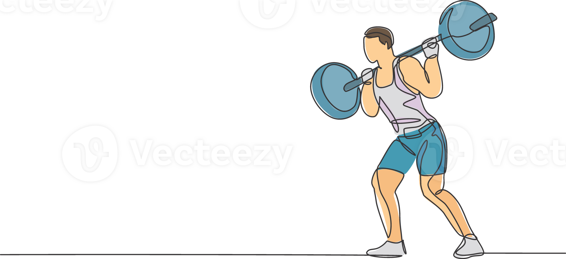Single continuous line drawing of young strong weightlifter man preparing for barbell workout in gym. Weight lifting training concept. Trendy one line draw design illustration graphic png