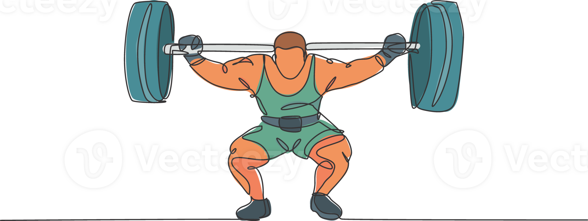 Single continuous line drawing of young strong weightlifter man preparing for barbell workout in gym. Weight lifting training concept. Trendy one line draw graphic design illustration png