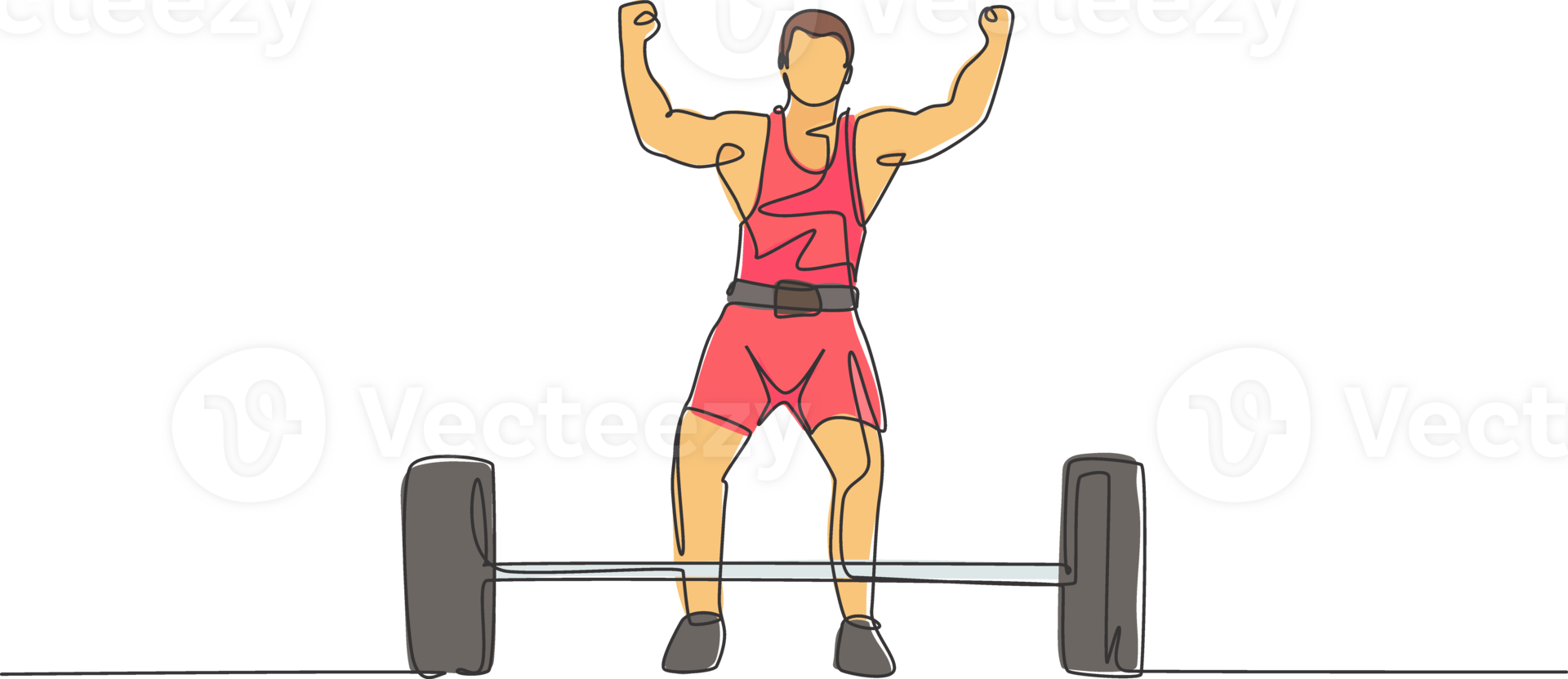 One continuous line drawing of young bodybuilder man doing exercise with a heavy weight bar in gym. Powerlifter train weightlifting concept. Dynamic single line draw design graphic illustration png