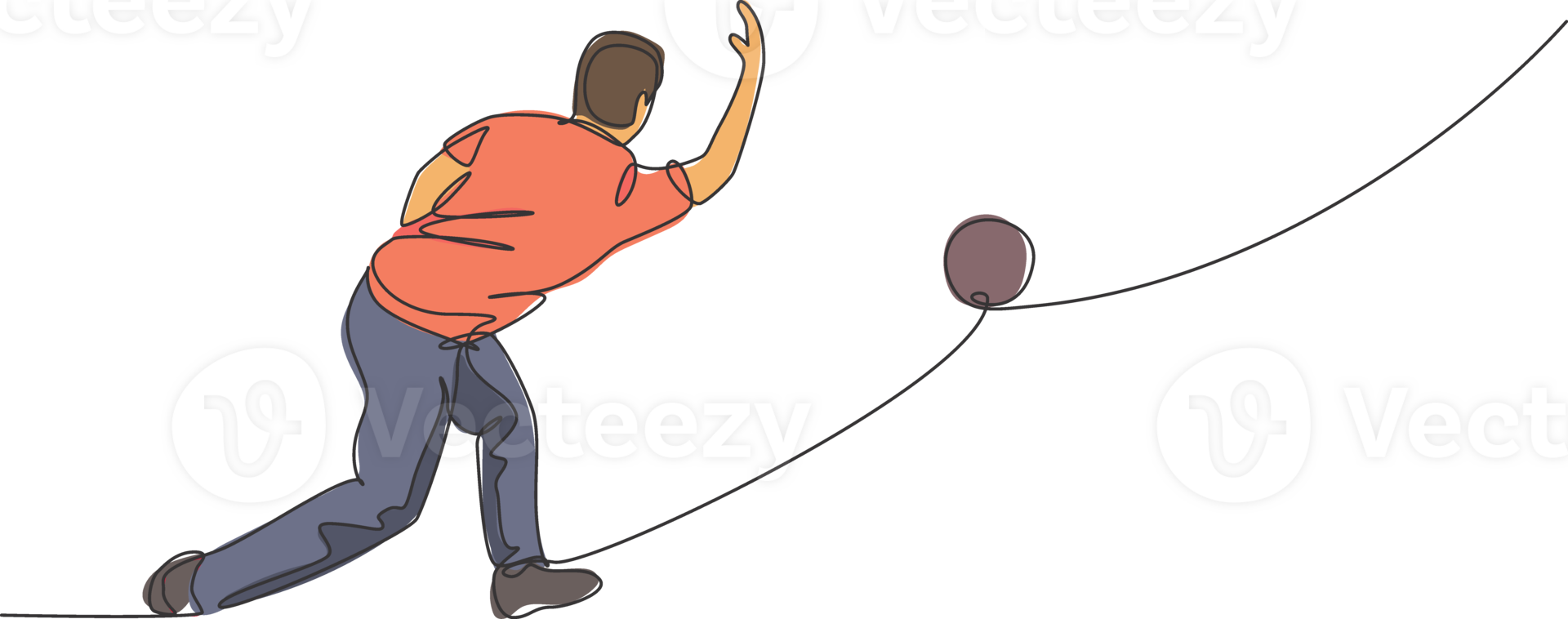 One continuous line drawing of young happy bowling player man throw ball into lane to hit the pin. Healthy sport and lifestyle activity concept. Dynamic single line draw design illustration png