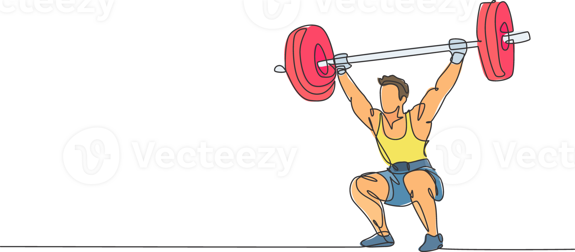 Single continuous line drawing of young strong weightlifter man preparing for barbell workout in gym. Weight lifting training concept. Trendy one line draw design graphic illustration png