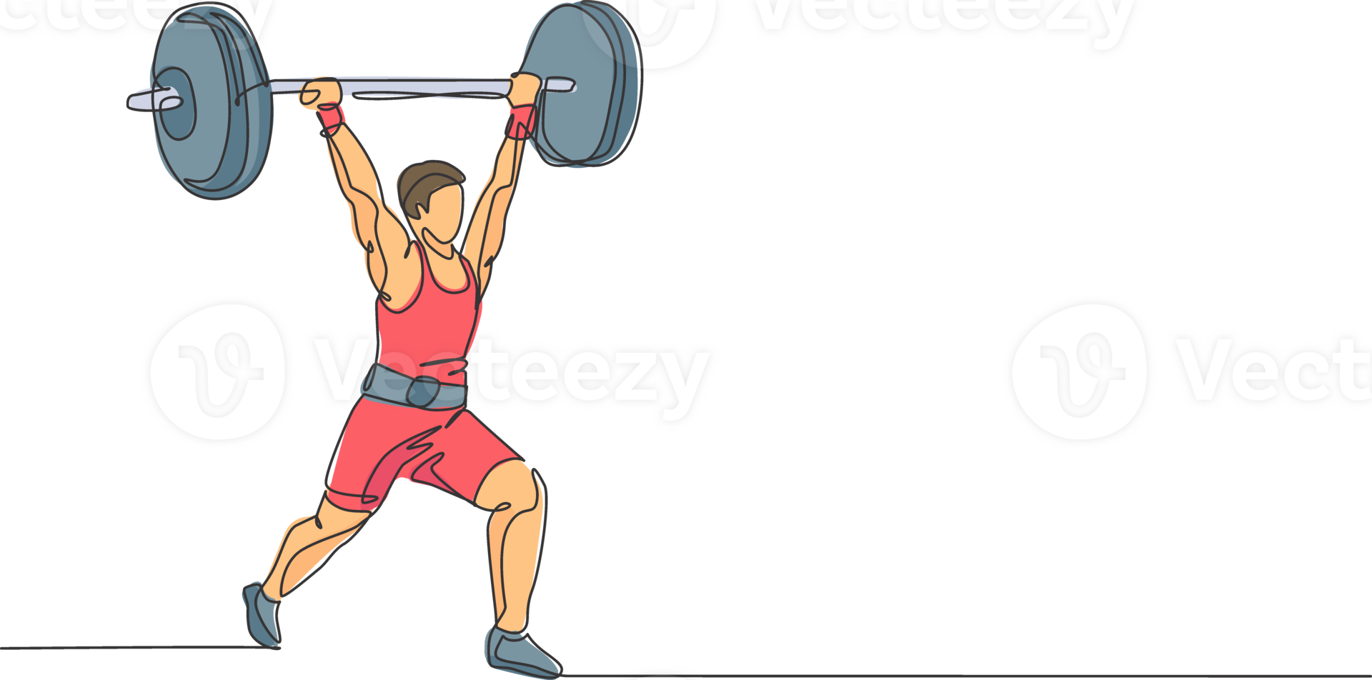 One continuous line drawing of young bodybuilder man doing exercise with a heavy weight bar in gym. Powerlifter train weightlifting concept. Dynamic single line draw design illustration graphic png