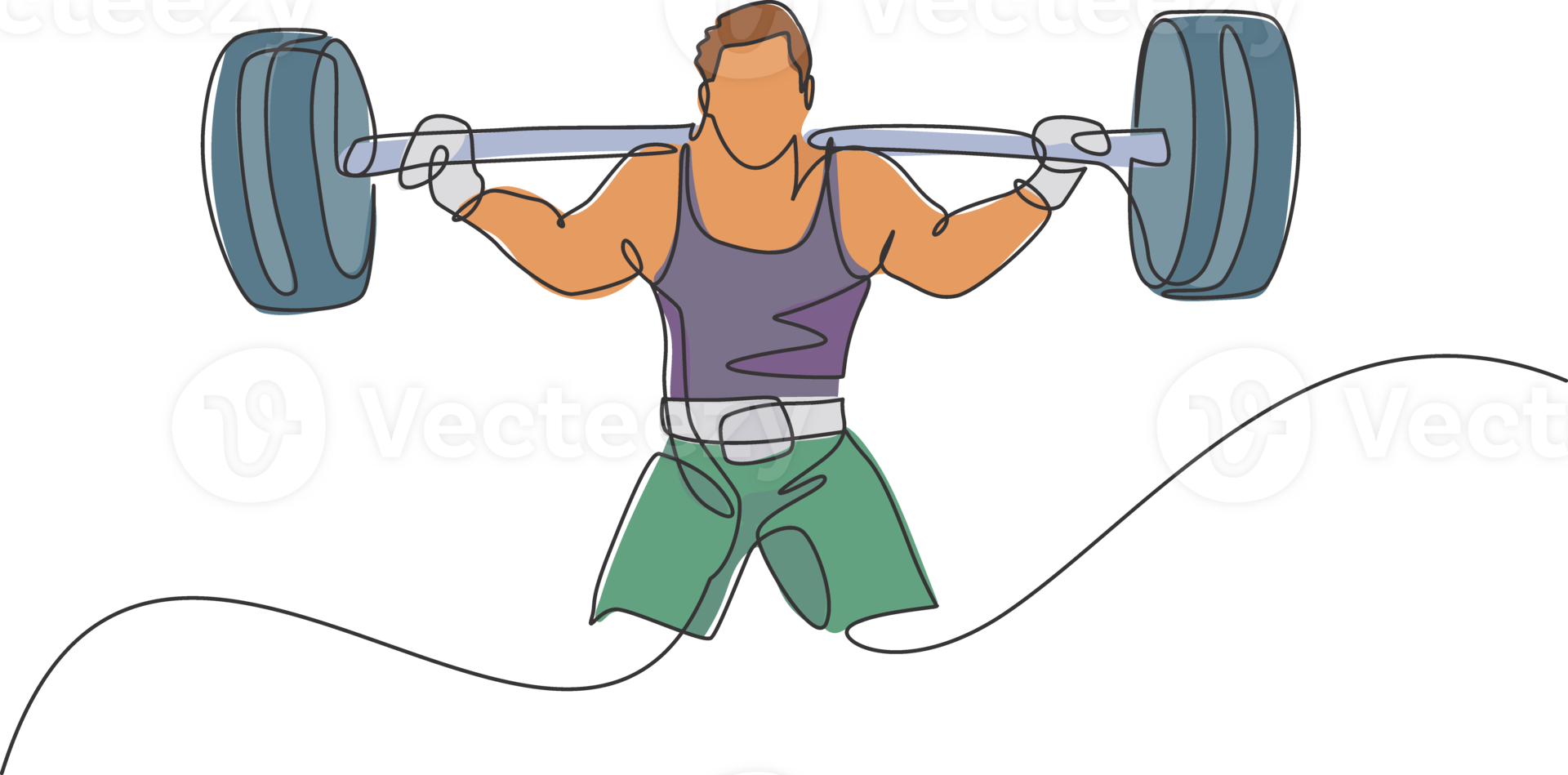 Single continuous line drawing of young strong weightlifter man preparing for barbell workout in gym. Weight lifting training concept. Trendy one line draw design graphic illustration png