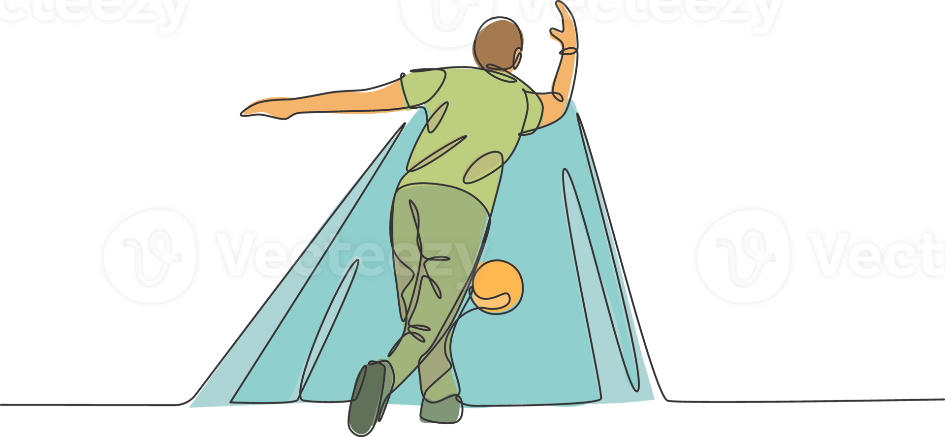 One continuous line drawing of young happy bowling player man throw