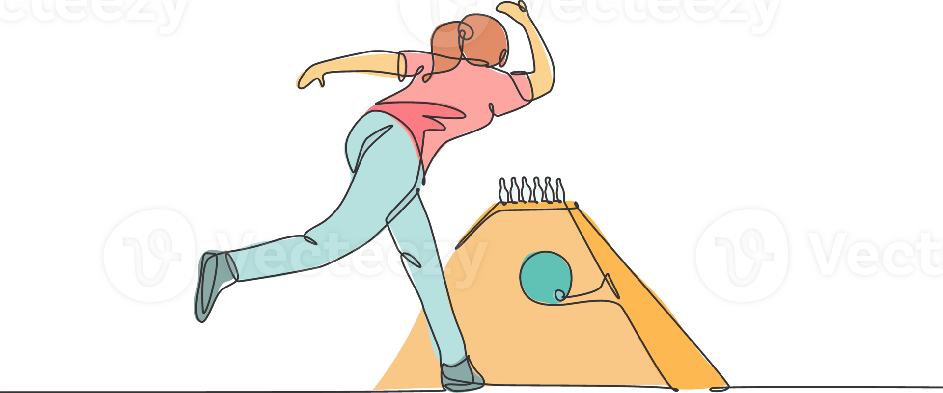 uno singolo linea disegno giovane talentuoso bowling giocatore donna gettare palla per colpire bowling perni illustrazione grafico. salutare persone stile di vita e sport concetto. moderno continuo linea disegnare design png