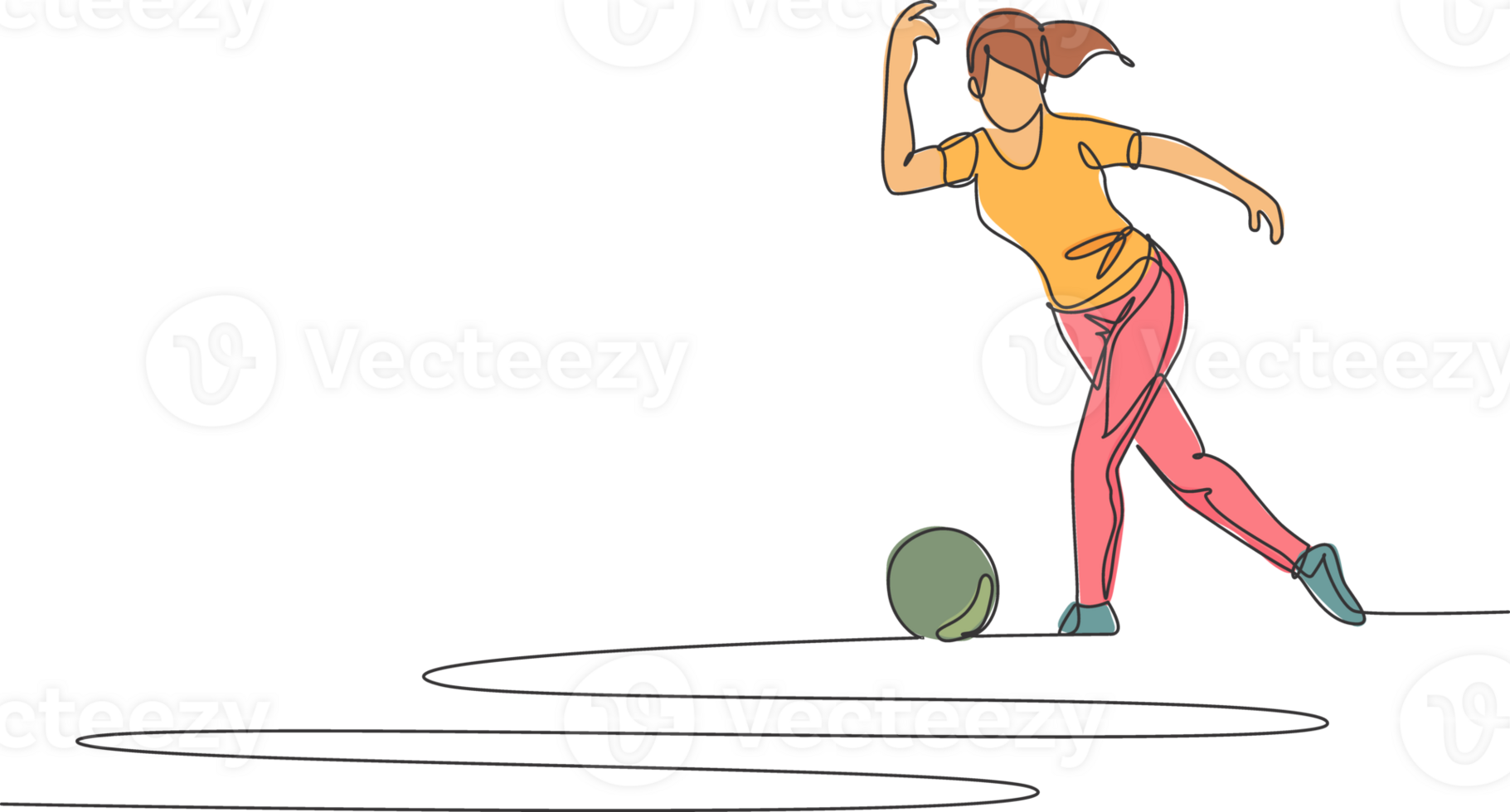 Single continuous line drawing young happy bowling player woman throw bowling ball to hit the pins. Doing sport hobby at leisure time concept. Trendy one line draw design illustration graphic png