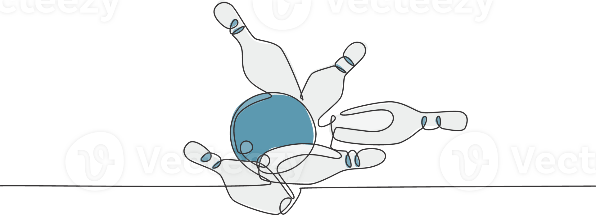 One single line drawing of bowling ball hit bowling pins to falling apart at alley lane graphic illustration. Leisure activity and game sport concept. Modern continuous line draw design png