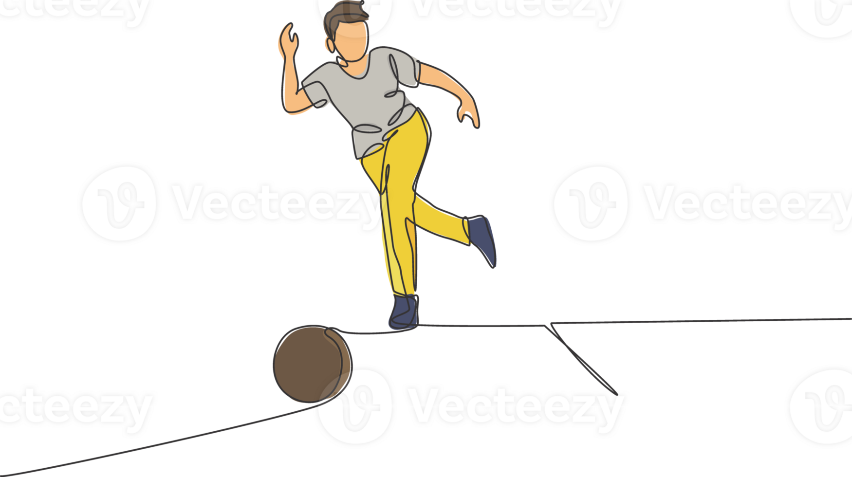 Single continuous line drawing of young happy bowling player man throw bowling ball to hit the pins. Doing sport hobby at leisure time concept. Trendy one line draw design illustration graphic png