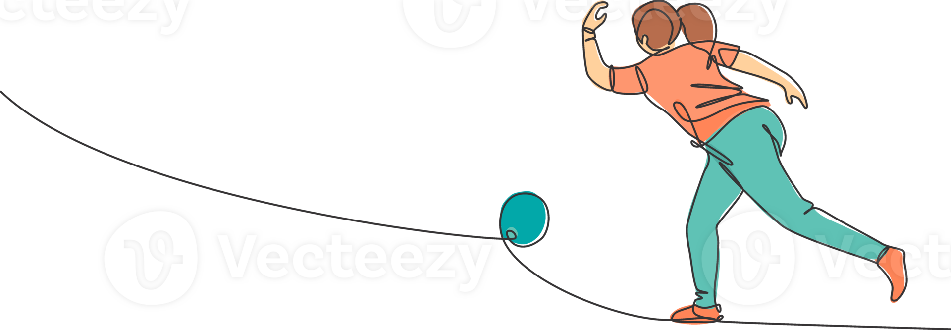 One single line drawing young talented bowling player woman throw ball to hit bowling pins graphic illustration. Healthy people lifestyle and sport concept. Modern continuous line draw design png