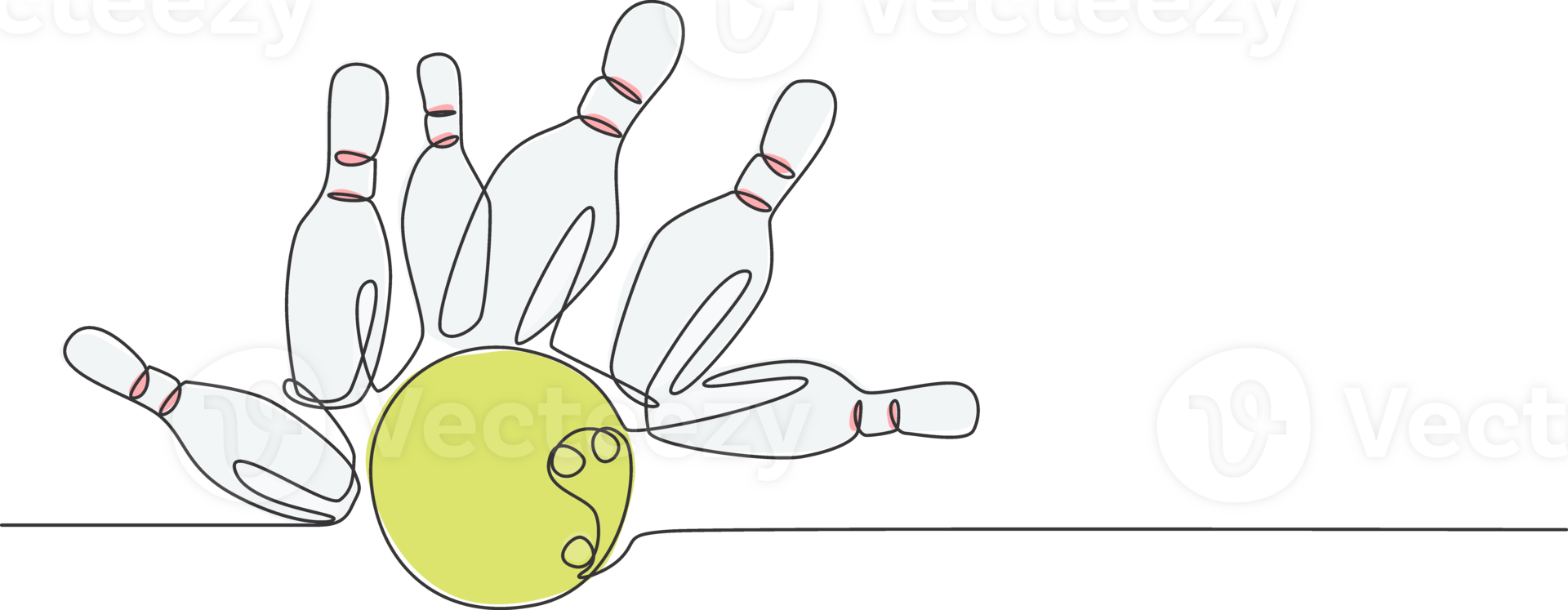 One single line drawing of bowling pins falling apart hit by bowling ball at alley lane graphic illustration. Leisure activity and game sport concept. Modern continuous line draw design png