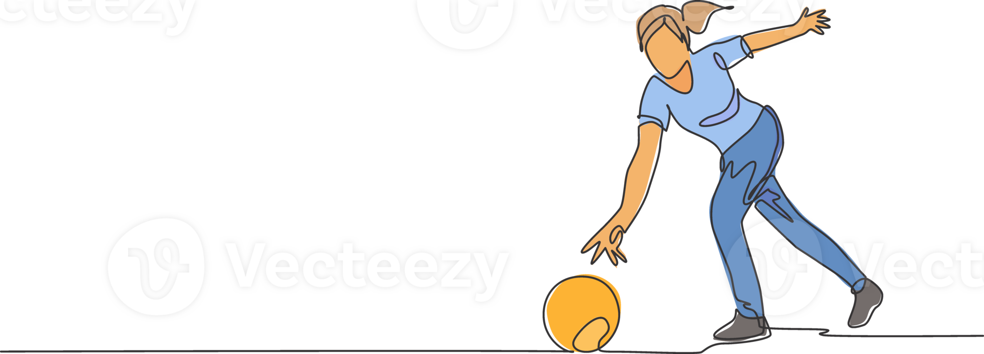 Single continuous line drawing young happy bowling player woman throw bowling ball to hit the pins. Doing sport hobby at leisure time concept. Trendy one line draw design graphic illustration png