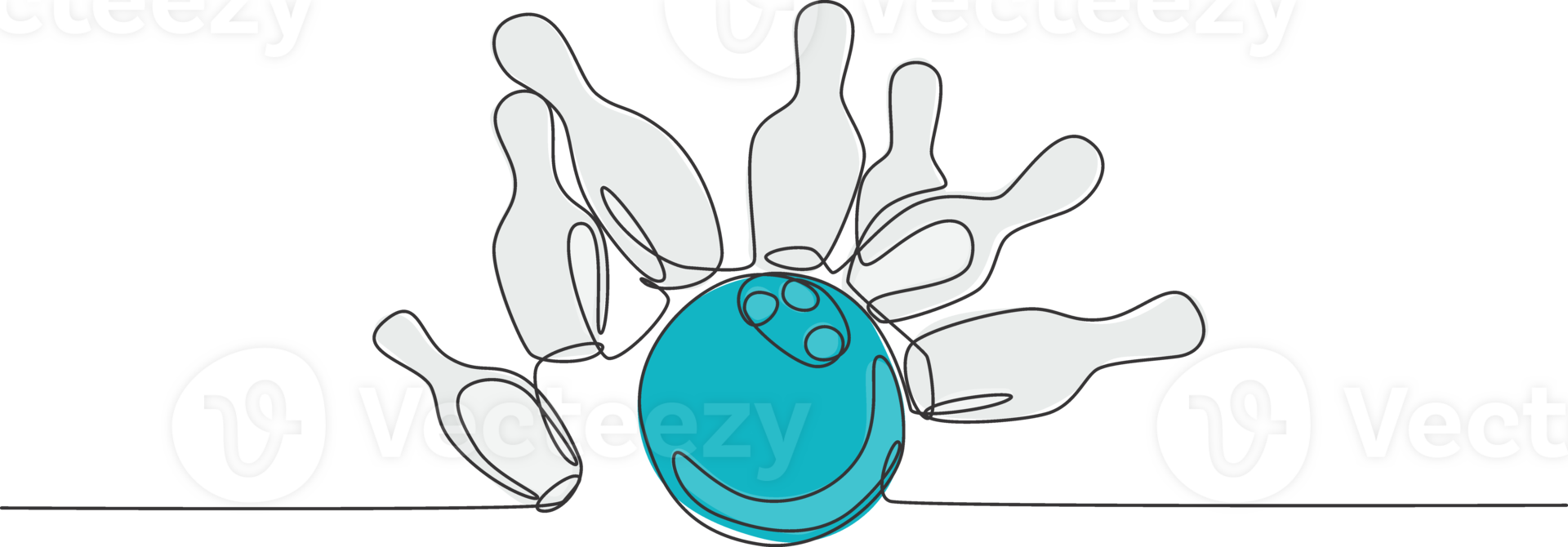 One continuous line drawing lined up bowling pins falling apart hit by ball at bowling lane. Healthy sport and lifestyle activity concept. Dynamic single line draw design graphic illustration png