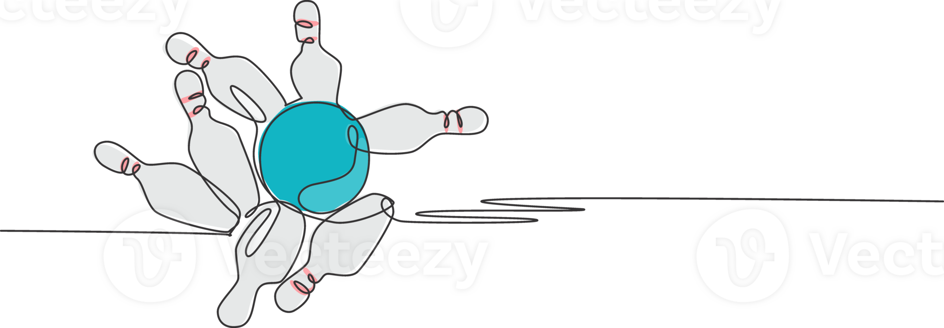One single line drawing of bowling ball thrown to bowling pins until falling apart graphic illustration. Leisure activity and recreational game sport concept. Modern continuous line draw design png