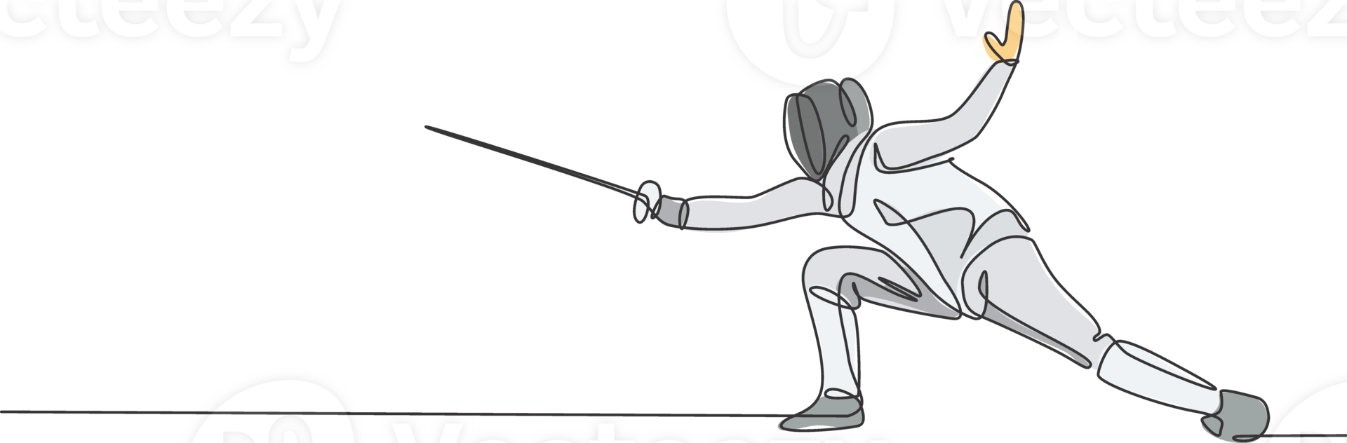 One continuous line drawing of young woman fencing athlete practice fighting on professional sport arena. Fencing costume and holding sword concept. Dynamic single line draw design illustration png