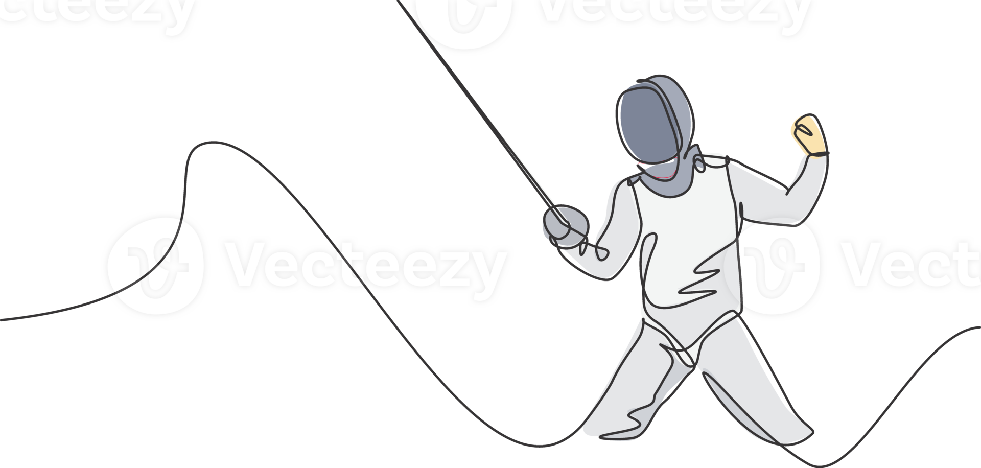 One single line drawing of young man fencer athlete in fencing costume exercising motion on sport arena illustration. Combative and fighting sport concept. Modern continuous line draw design png