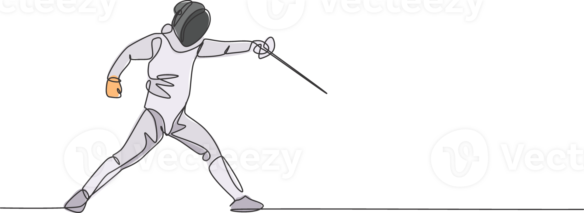 One continuous line drawing of young man fencing athlete practice fighting on professional sport arena. Fencing costume and holding sword concept. Dynamic single line draw design illustration png