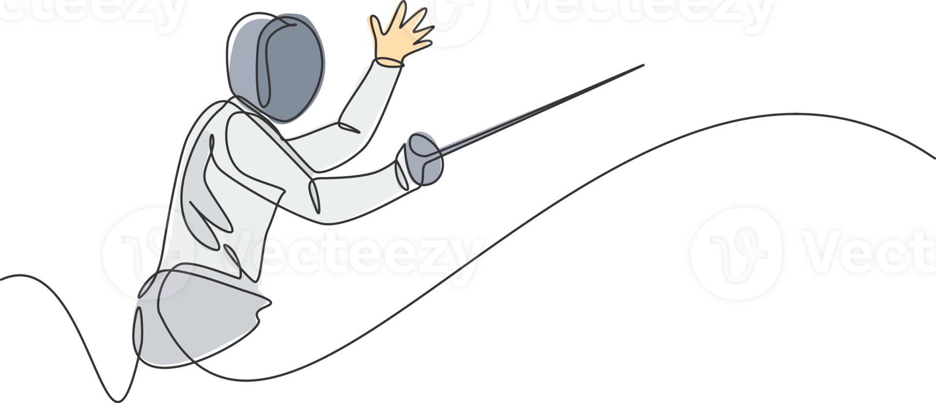 One continuous line drawing of young man fencing athlete practice fighting on professional sport arena. Fencing costume and holding sword concept. Dynamic single line draw design illustration png