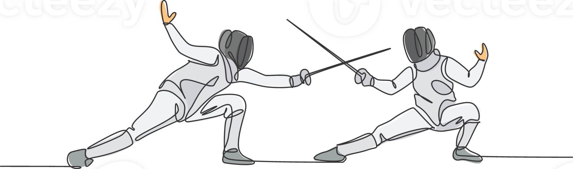 Single continuous line drawing of two young fencer athlete men in fencing mask and rapier duel at arena. Competitive fighting sport competition concept. Trendy one line draw design illustration png