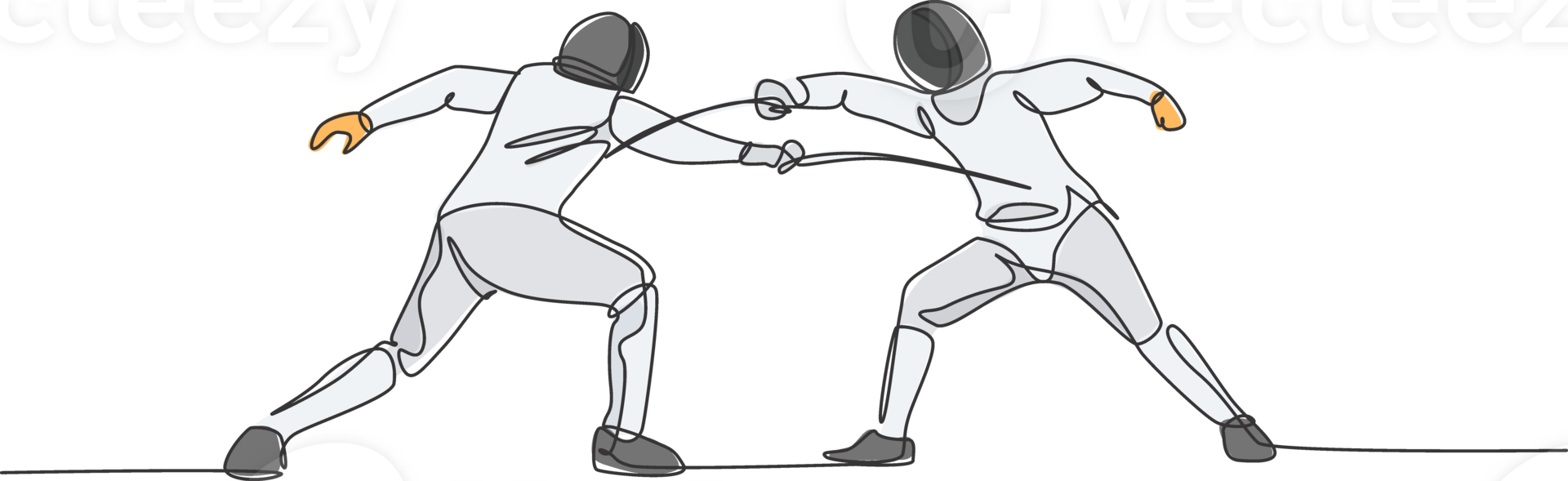 einer kontinuierlich Linie Zeichnung von zwei Männer Fechten Athlet trainieren Kampf auf Fachmann Sport Arena. Fechten Kostüm und halten Schwert Konzept. dynamisch Single Linie zeichnen Design Illustration png