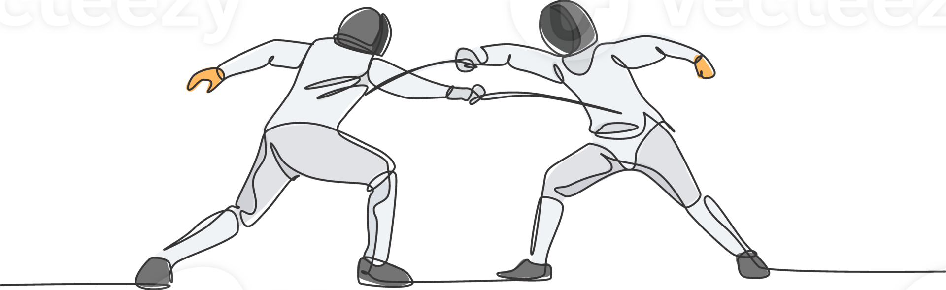 One continuous line drawing of two men fencing athlete practice fighting on professional sport arena. Fencing costume and holding sword concept. Dynamic single line draw design illustration png