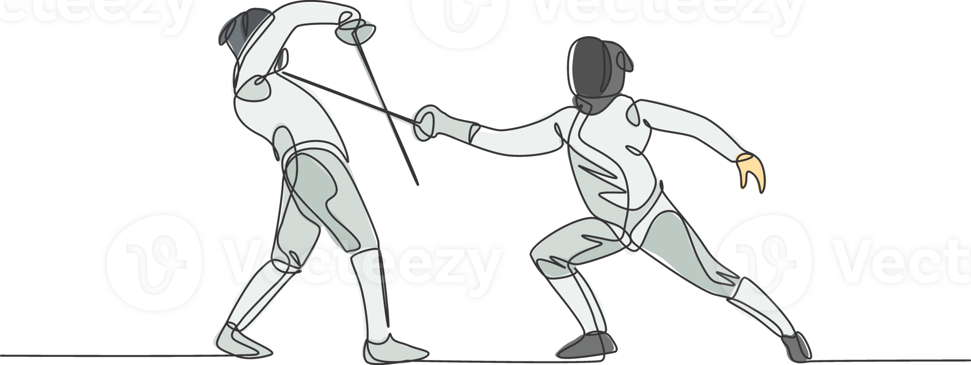 One single line drawing of two young women fencer athlete in fencing costume exercise duel on sport arena illustration. Combative and fighting sport concept. Modern continuous line draw design png