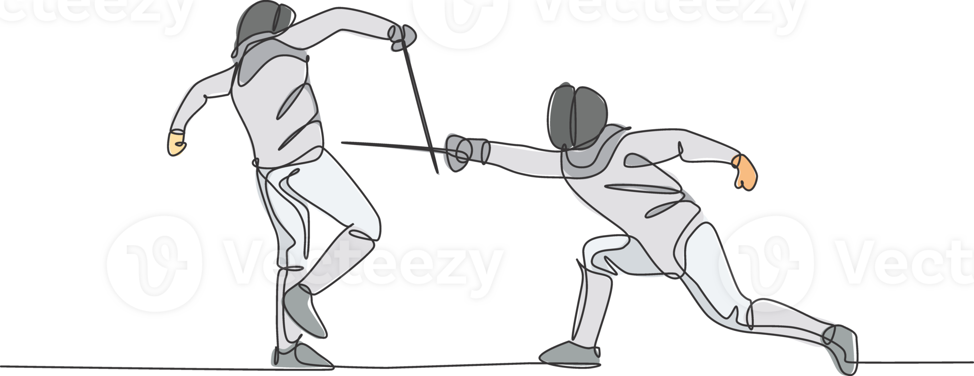 One continuous line drawing of two young men fencing athlete practice fighting on sport arena. Fencing costume and holding sword action concept. Dynamic single line draw design illustration png