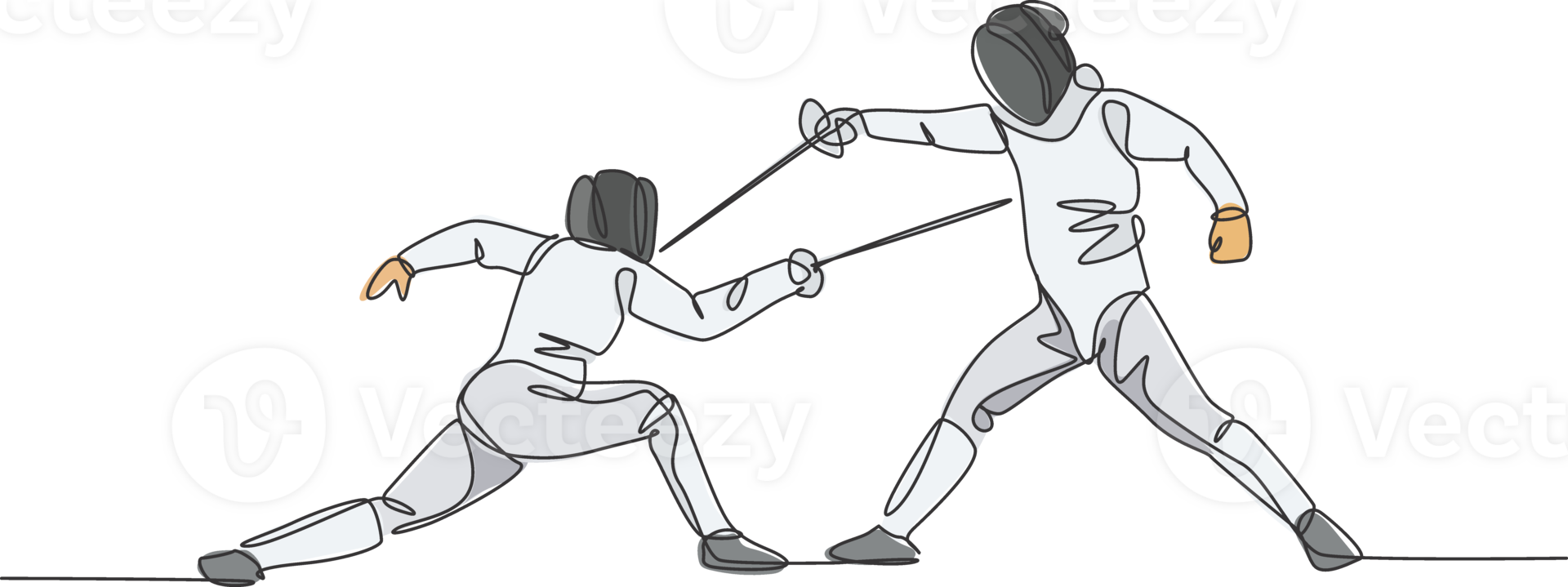 One single line drawing of two young men fencer athlete in fencing costume exercise motion on sport arena illustration. Combative and fighting sport concept. Modern continuous line draw design png