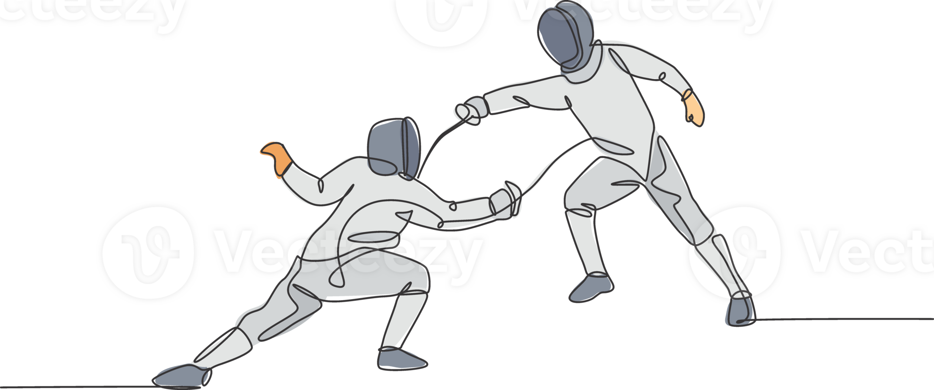 One continuous line drawing of two young men fencing athlete practice fighting action on sport arena. Fencing costume and holding sword concept. Dynamic single line draw design illustration png