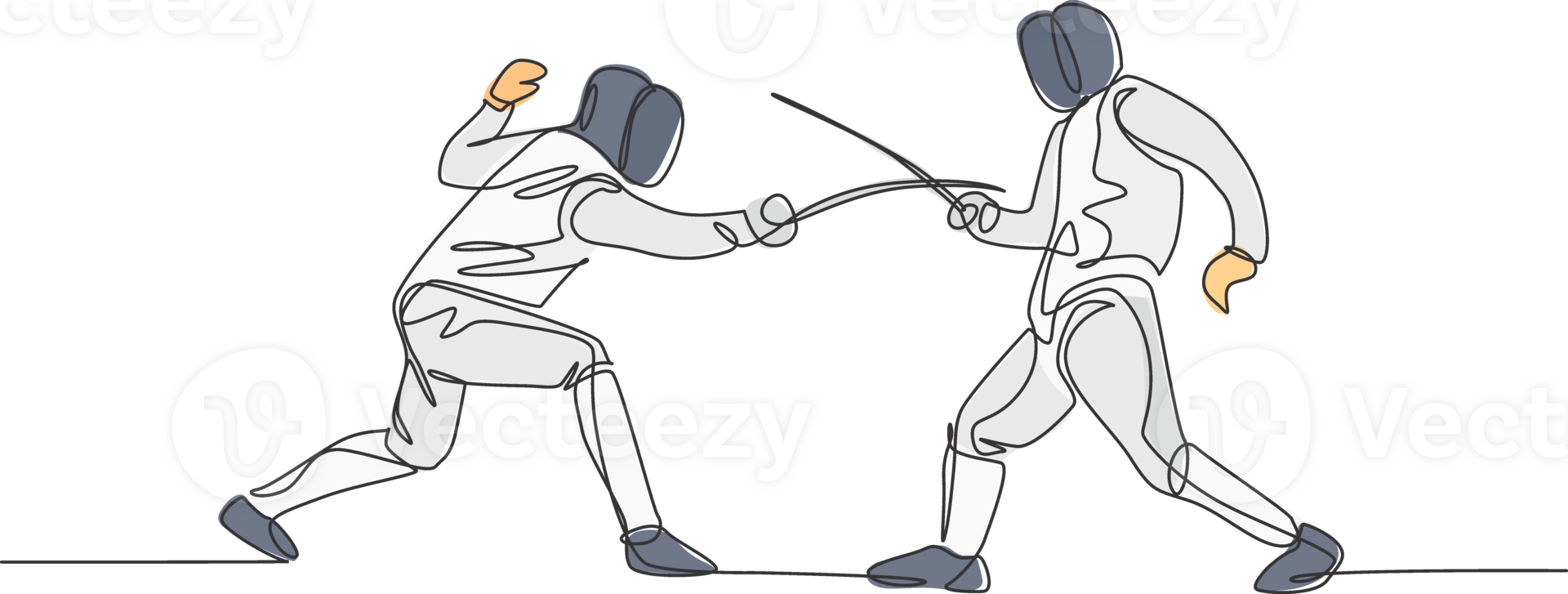 One continuous line drawing of two men fencing athlete practice