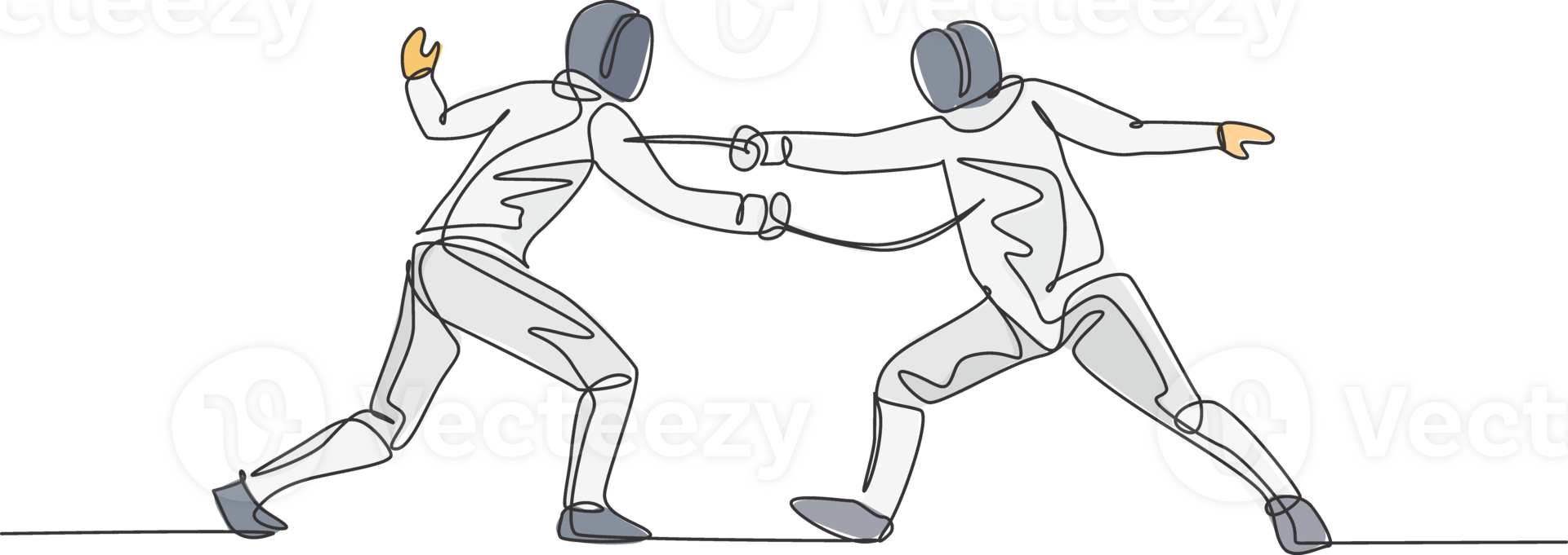 Single continuous line drawing of two young pro fencer athlete women in fencing mask and rapier duel at gym arena. Fighting sport competition concept. Trendy one line draw design illustration png
