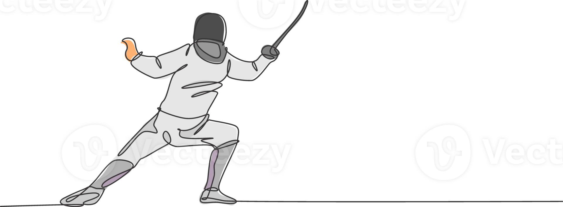 One continuous line drawing of young man fencing athlete practice fighting on professional sport arena. Fencing costume and holding sword concept. Dynamic single line draw design illustration png