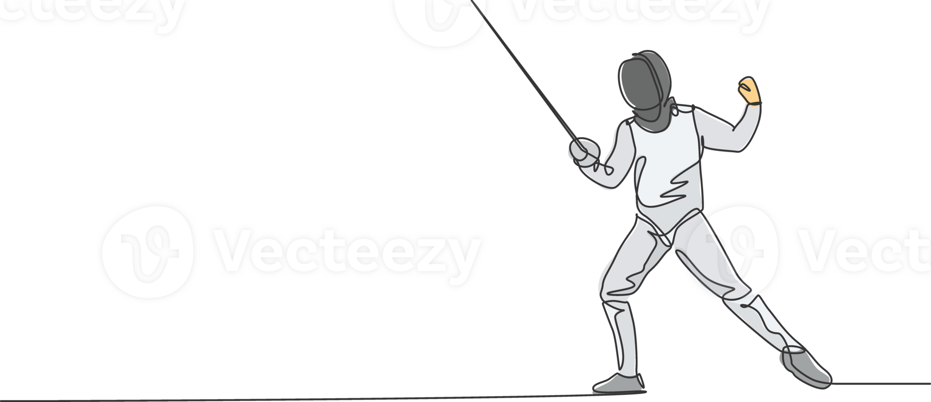 One continuous line drawing of young man fencing athlete practice fighting on professional sport arena. Fencing costume and holding sword concept. Dynamic single line draw design illustration png