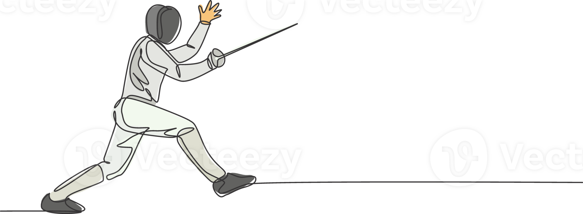 One continuous line drawing of young man fencing athlete practice fighting on professional sport arena. Fencing costume and holding sword concept. Dynamic single line draw design illustration png