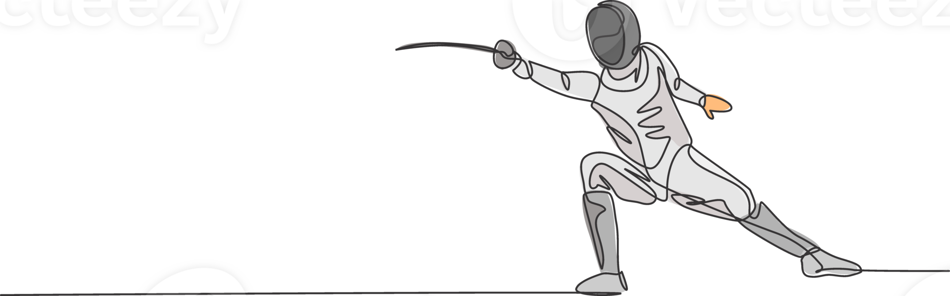 One continuous line drawing of young man fencing athlete practice fighting on professional sport arena. Fencing costume and holding sword concept. Dynamic single line draw design illustration png