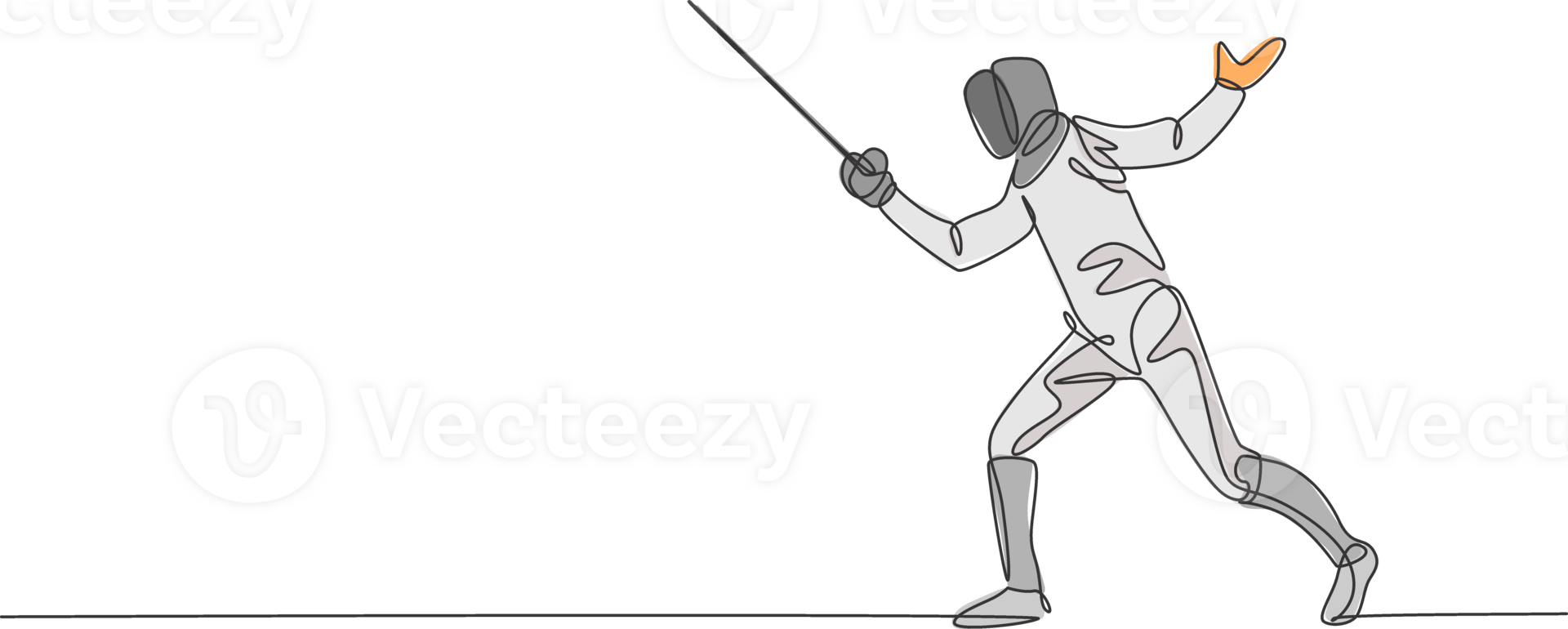 One continuous line drawing of young woman fencing athlete practice fighting on professional sport arena. Fencing costume and holding sword concept. Dynamic single line draw design illustration png