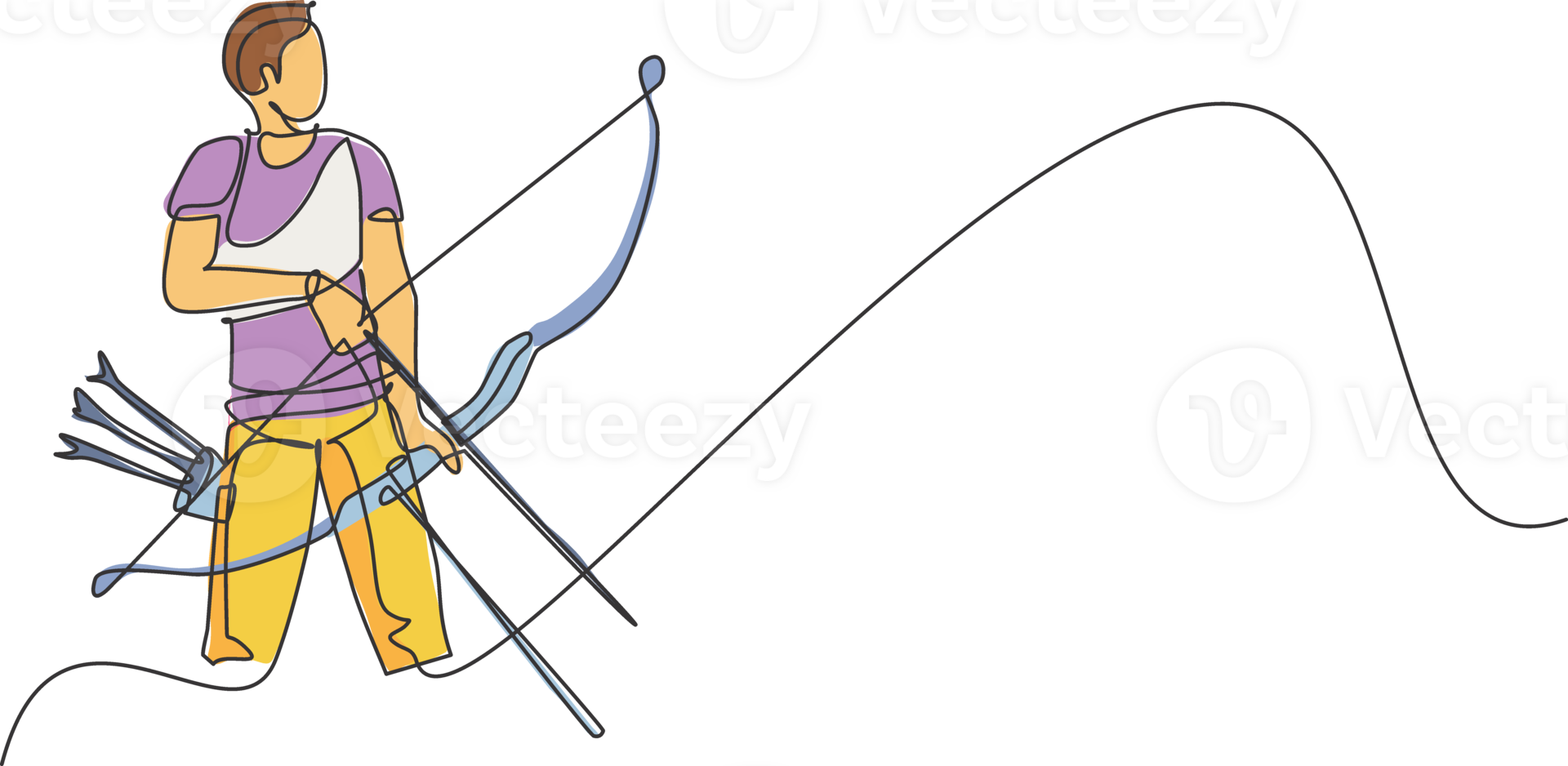 One single line drawing of young archer man focus exercising archery to hit the target illustration graphic. Healthy refresh shooting with bow sport concept. Modern continuous line draw design png