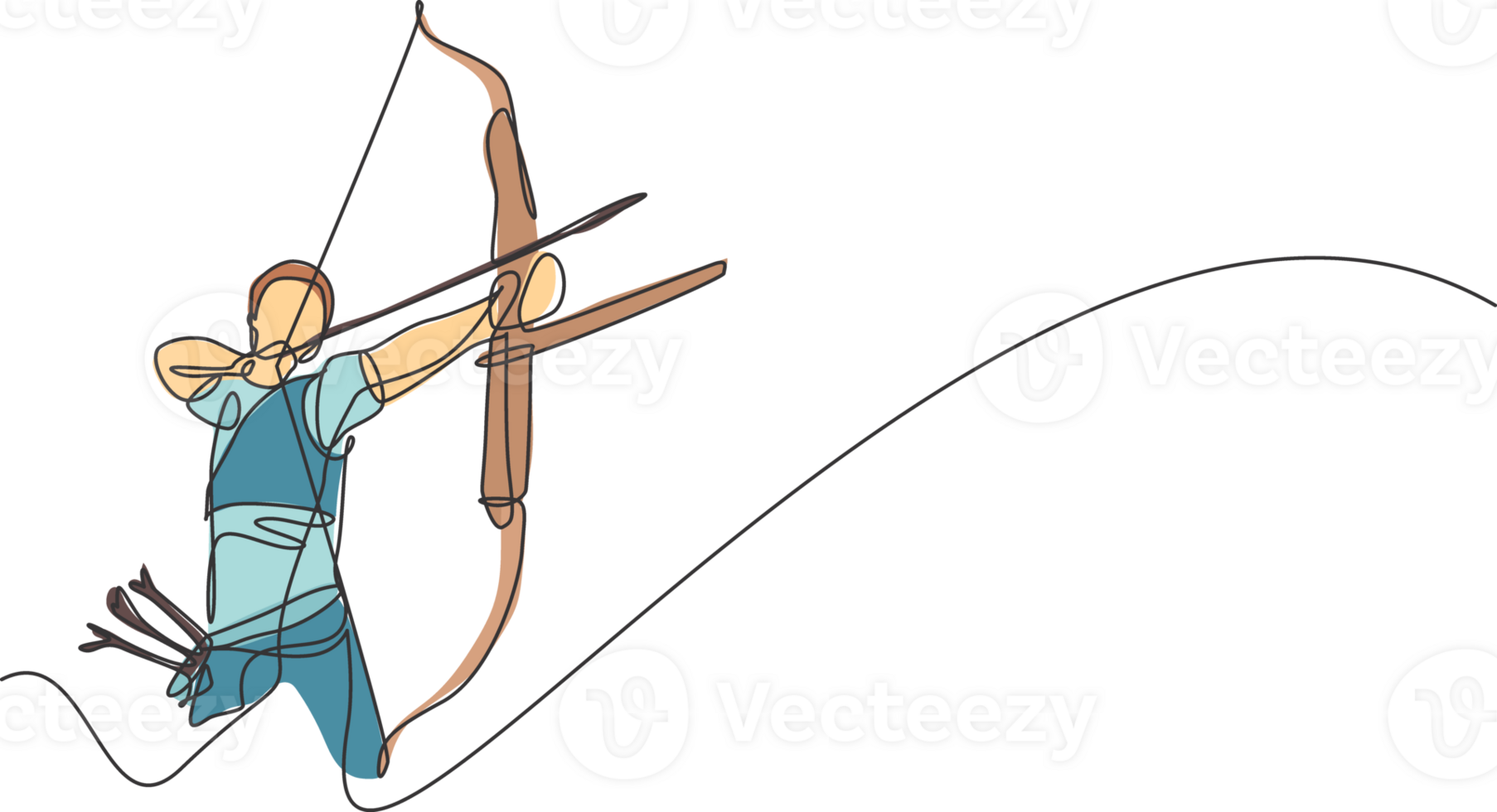 einer Single Linie Zeichnung von jung Bogenschütze Mann Fokus ausüben Bogenschießen zu schlagen das Ziel Grafik Illustration. gesund Aktualisierung Schießen mit Bogen Sport Konzept. modern kontinuierlich Linie zeichnen Design png