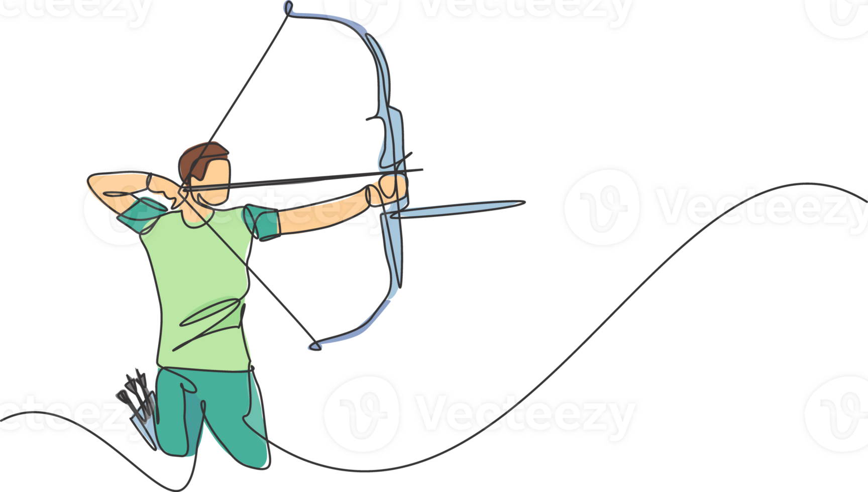 Single continuous line drawing of young professional archer man focus standing and aiming archery target. Archery sport exercise with the bow concept. Trendy one line draw design illustration png