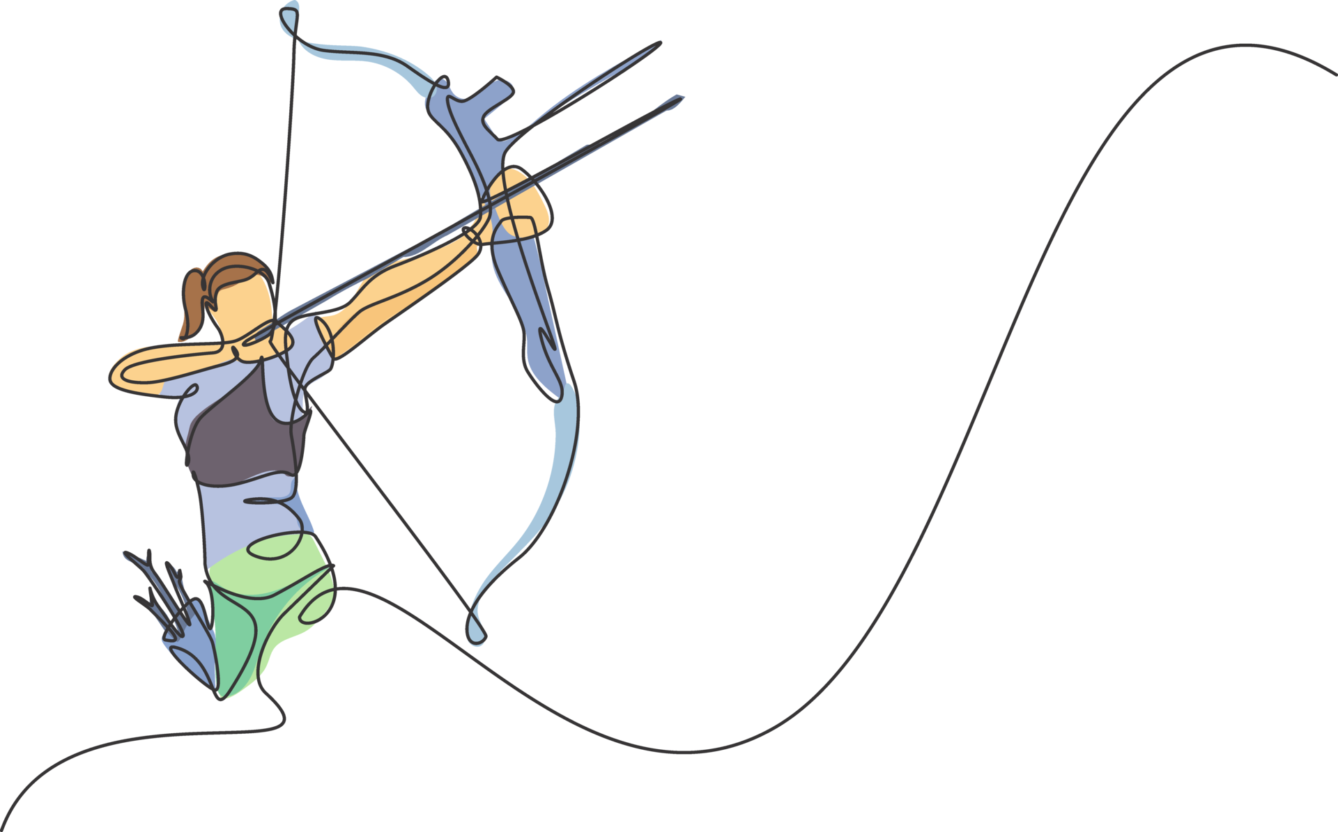One continuous line drawing of young archer woman pulling the bow to