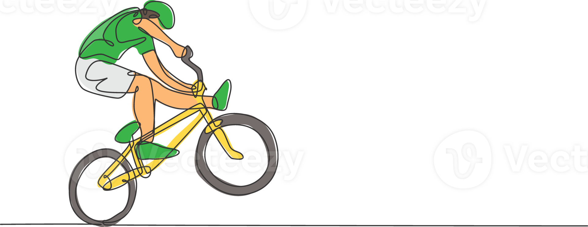 One single line drawing of young bmx bicycle rider performing freestyle trick on street illustration. Extreme sport concept. Modern continuous line draw design for freestyle competition banner png
