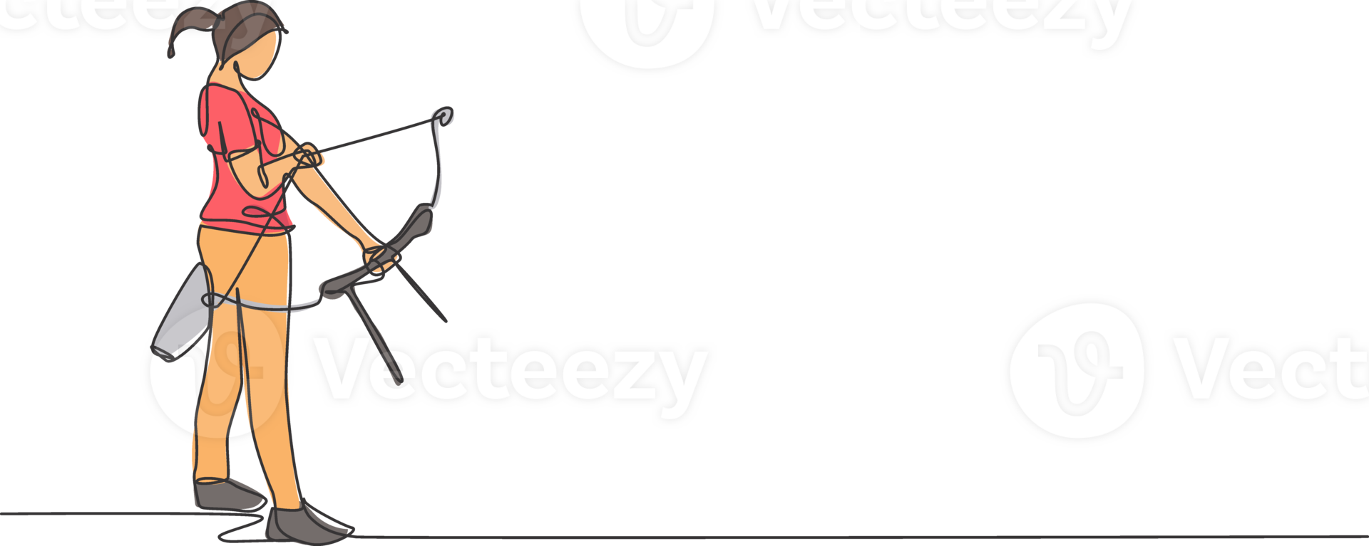 One single line drawing of young archer woman focus exercising archery to hit target graphic illustration. Healthy refresh shooting with bow sport concept. Modern continuous line draw design png