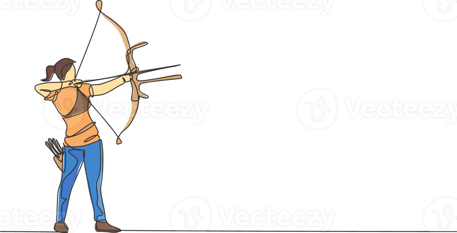 One continuous line drawing of young archer woman pulling the bow to